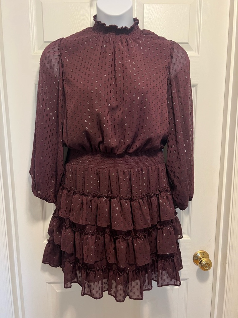 Women's Burgundy Ruffle Tiered Long-Sleeve Dress